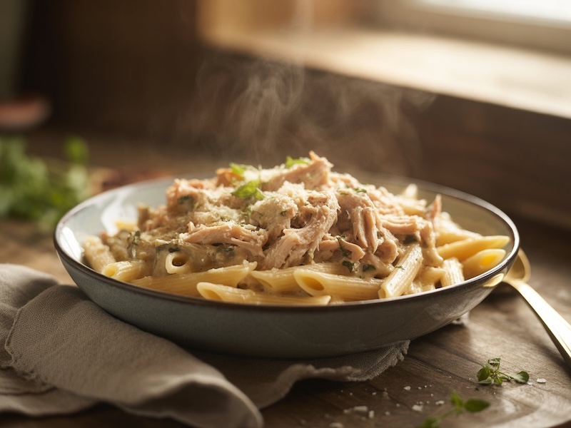 Solo necesitas agregar los trozos de pavo cocido a tu pasta favorita: puede ser espagueti, penne o fettuccine, según lo que tengas en casa.