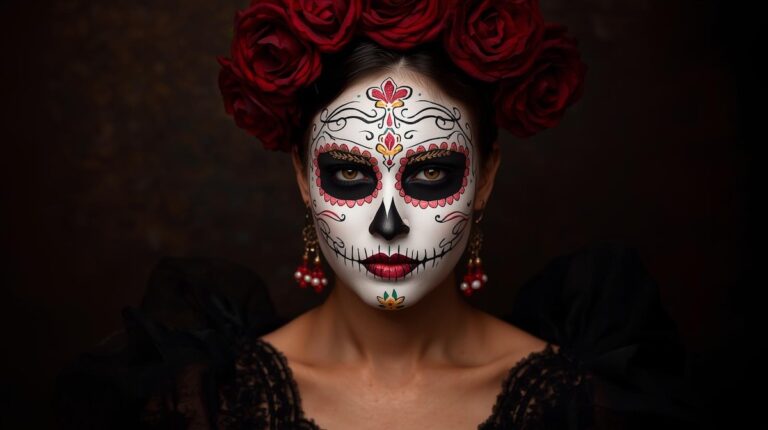 beautiful Latina woman with traditional Día de Muertos Catrina makeup: white base, black hollow eyes with colorful floral details, ornate forehead designs, red roses crown, elegant black lace dress, soft lighting, vibrant colors