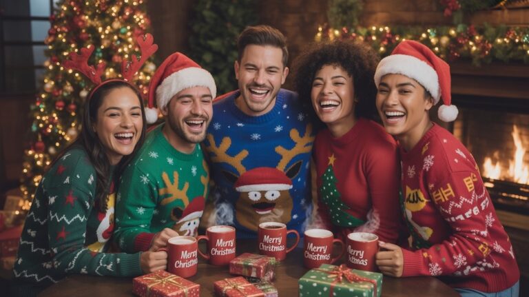 Ugly christmas sweaters que debes tener. Grupo de amigos con ugly christmas sweaters.