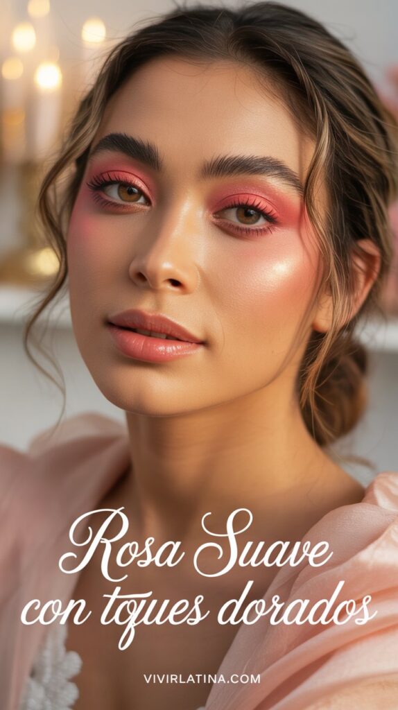 Romántico, femenino y luminoso — el maquillaje rosa con destellos dorados es ideal para quienes prefieren un look sutil.